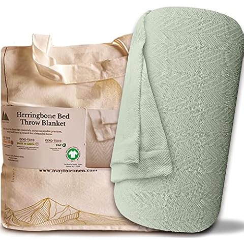 Mayfair Linen Knitted Geometric Herringbone Pattern Hand Woven Blanket 100% Long Staple Cotton Soft and Cozy Thermal All Season Throw for Bed Couch (XL, Sage Green) Cover