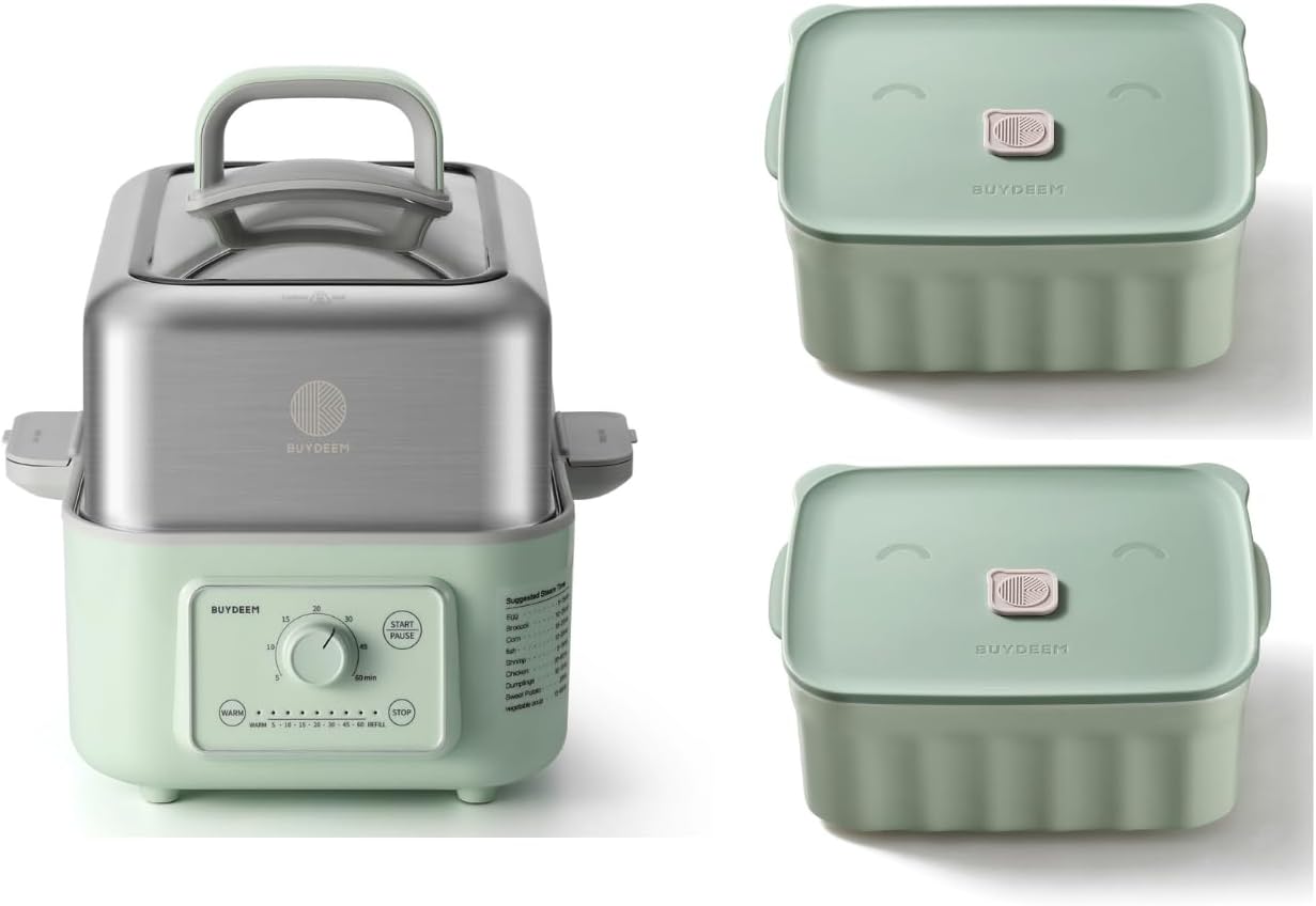 BUYDEEM G52 5.3 Quart Electric Food Steamer Bundle with Two Ceramic Food Storage Container Cozy Greenish 28 oz