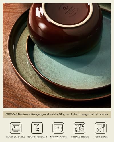 Image of Famiware Milkyway Stoneware Dinnerware Set, 24-Piece, Double Reactive Glaze, Plates and Bowls, Service for 8, Microwave and Dishwasher Safe, Scratch-Resistant, Moss Green & Cocoa