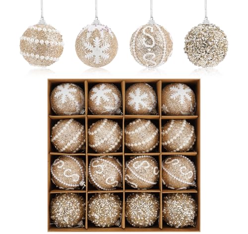 16 Pcs Champagne Christmas Ornaments Shatterproof Christmas Tree Balls with Pearl Sequin Hanging Xmas Balls Ornaments Set for Holiday Party Wedding Decorations (2.4/60mm)