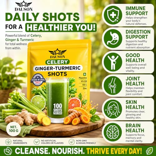 Image of Celery Shots Boosted with Ginger, Turmeric, Piperine & Prebiotics Shots | Wellness Herbal Supplement for Detox, Immunity Boost & Digestive Support | 100 Servings