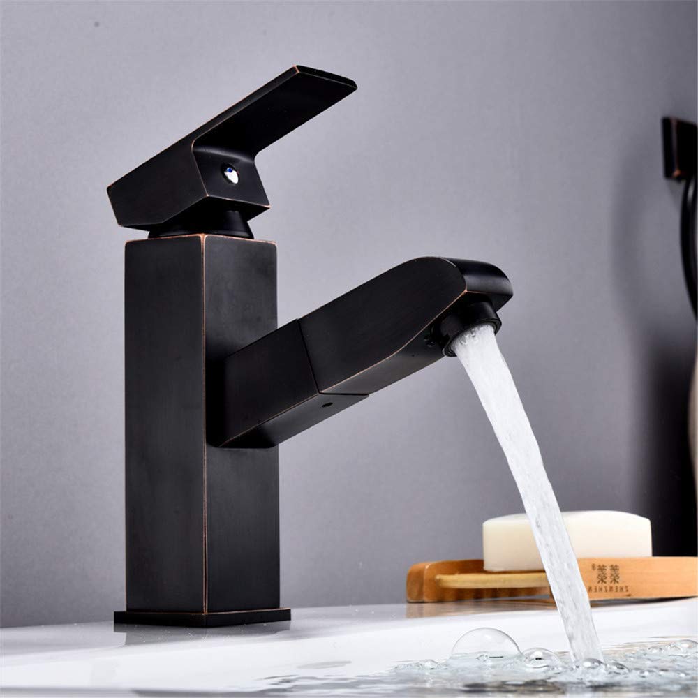 RajoNN Irrigatore Estraibile con Striscia di Rame Pieno Miscelatore Acqua Fredda Nero Antico Lavandino Lavabile Maniglia Singola,One