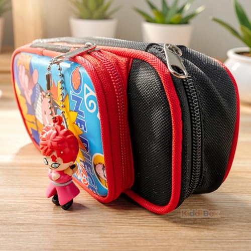 Image of KiddiBox One Piece Anime Pencil Case, Blue Double Zipper Stationery Pouch with Character Charm, School Supply with Keychain (Combo Pouch & Stickers)