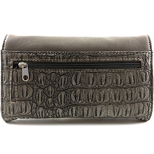 Image of Justin West Justin West Western Tooled Croc Animal Faux Leather Silver Rhinestone Cross Studded Wristlet Trifold Wallet Attachable Long Strap (Pewter)