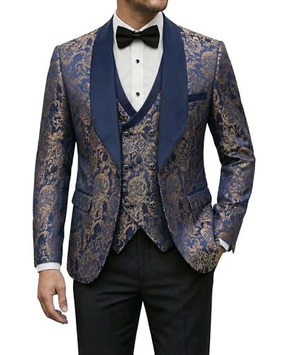 YND Men's 3 Piece Floral Suit Set, Shawl Lapel Paisley Tuxedo, Blazer Vest and Pants, for Party Prom Wedding