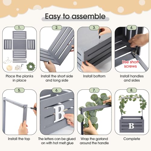 Image of Barydat Wooden Baby Shower Crate Closet Basket with Handle Baby Announcement Sign Garland Hangers Large Letter, Wooden Gift Crate, Letters for Pregnancy New Parent Party(Gray)