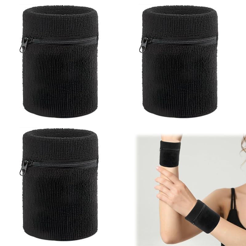AZWOOD Wristband Wallets, 3 Pack Sports Wrist Pouch with Zipper, Sweatband Wallet for Men and Women, Cotton Running Wristband with Hidden Pocket, Secure Storage for Gym, Travel, Basketball, Tennis