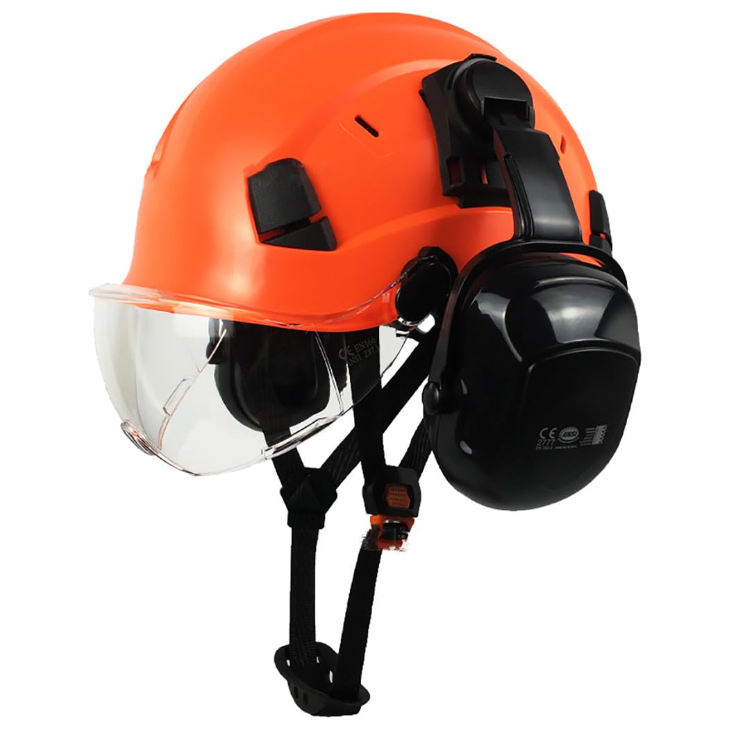 Hard Hat Safety Helmet Visor Ear Defenders Muffs Vented OSHA Construction Work Head Protection Clear Glass Reflective Stickers Chainsaw Black Bump Cap Chin Strap Full Face Orange