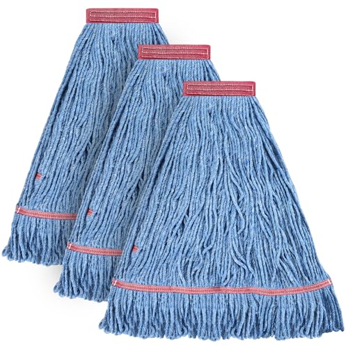 Image of Matthew Cleaning 24oz Heavy Duty Mop Head Commercial Replacement for General and Floor Cleaning, Wet Industrial Blue Cotton Looped End String Head Refill (Pack of 3) Blue