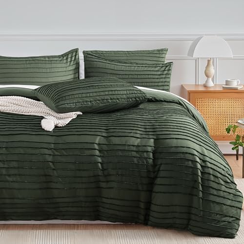 Image of NEXHOME PRO Duvet Cover Queen,3 Pieces Boho Tufted Duvet Cover Set, Soft and Lightweight 100% Washed Microfiber Comforter Cover Set for All Season(Olive Green,90 x 90)-No Comforter