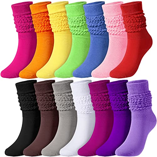 14 Pairs Slouch Socks for Women Colorful 80s 90s Neon Scrunch Sock Extra Long Crew Knee High Sock, Size 9-11