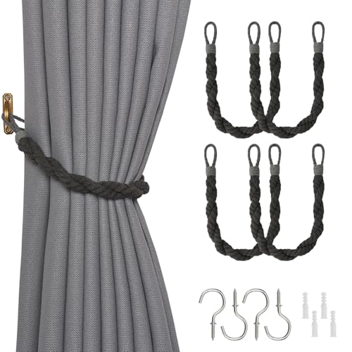 Pretty Jolly 4 Pack Natural Cotton Rope Curtain Tiebacks Elegant Boho Style Decor Drape Tie Backs Soft Hand-Woven Double Rope Curtain Holdbacks with Metal Hook for Home & Office Drapery (Dark Grey)
