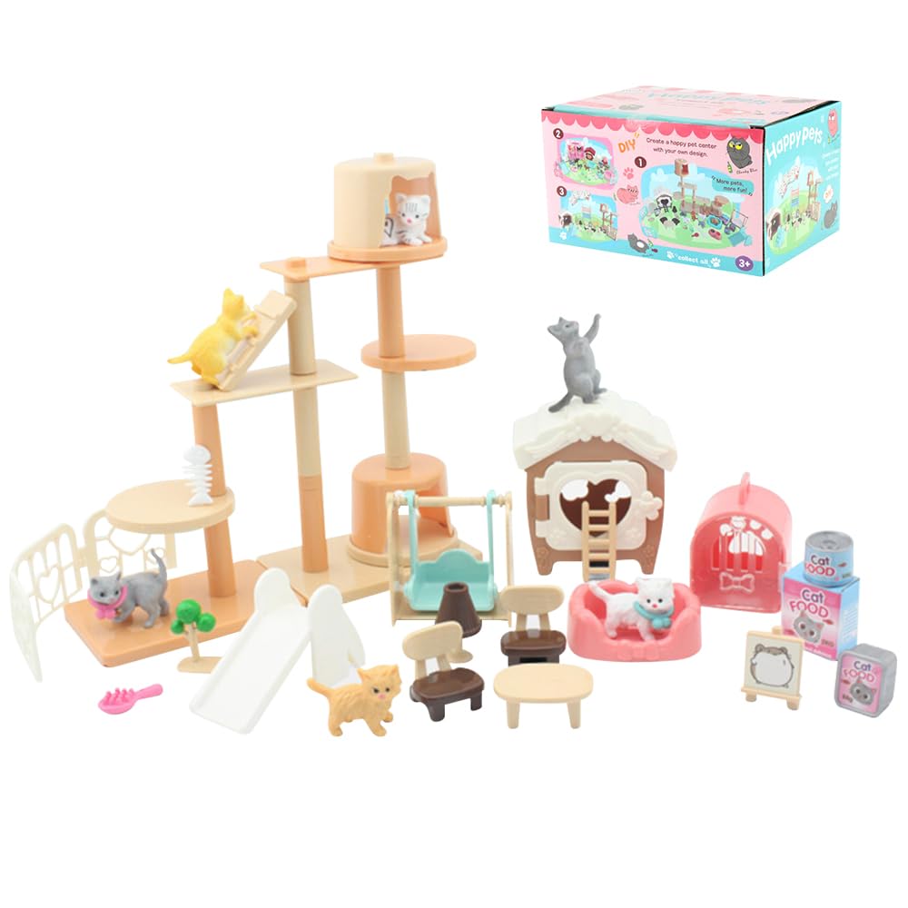 Pet Pretend Play Set - Cat Figures House Furniture & Care Role Play Toys for Doll Accessories, Educational for Girls & Boys Aged 3-6