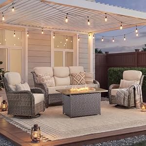 Luxury Patio Furniture Set with Fire Pit Table-4 Pieces High Back Wicker Swivel Rocker Chairs with 6″ Extra Thick Cushions, Outdoor Patio Conversation Sets for Porch Deck Backyard(Brown/Beige)