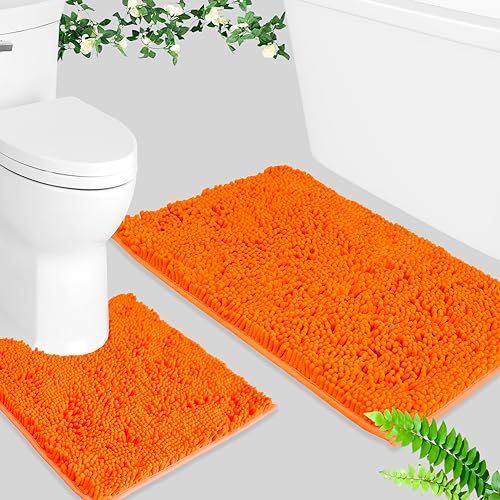 Image of BOANKODU Bath Mat Sets 2 Piece, Soft Chenille Absorbent Non-Slip Mat, 32x20 U Shape + 20x20 Inch; Machine Washable (Orange)
