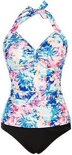 JASAMBAC Women's Halter Tankini Bathing Suits Two Piece Ruched V Neck Tankini Tops with Bikini Bottom