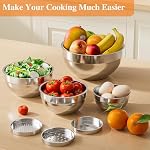 Mixing Bowls with Lids Set, 6 PCS Stainless Steel Mixing Bowls with 3 Grater Attachments, Kitchen Food Storage Organizers Nesting Mixing Bowl, Large Size 4.5, 3.5, 2.1, 1.5, 1.1, 0.7QT