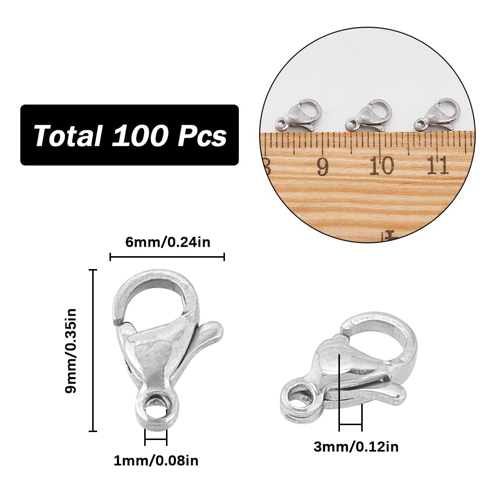 SUNNYCLUE 1 Box 100Pcs Stainless Steel Lobster Clasps Jewellery Lobster Claw Clasp 6x9mm Mini Small Fastener Hook Clasps Bracelet Clips Closures Necklace Connector Clasp for Jewellery Making Supplies - Image 2