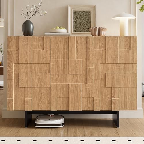 Merax Aparador de madera con estructura geométrica, 3 puertas y estantes ajustables, patas metálicas, para salón, pasillo, cocina, aspecto de madera natural+negro/105 × 33,5 × 76 cm