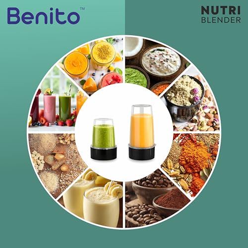 Image of Benito FUSION Bullet 500W Nutri Mix Grinder with 2 Jars | Compact ABS Body with Premium Motor | All-in-One Mixer for Smoothies, Spice, Juices & More | Red | 1 Years Warranty
