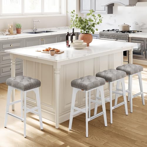 VASAGLE Bar Stools Set of 2, Saddle Counter Height Bar Stools, 26-Inch Backless Kitchen Stools with Wood Legs, PU Leather Thickened Upholstered Barstools for Kitchen Island Dining Room, Dove