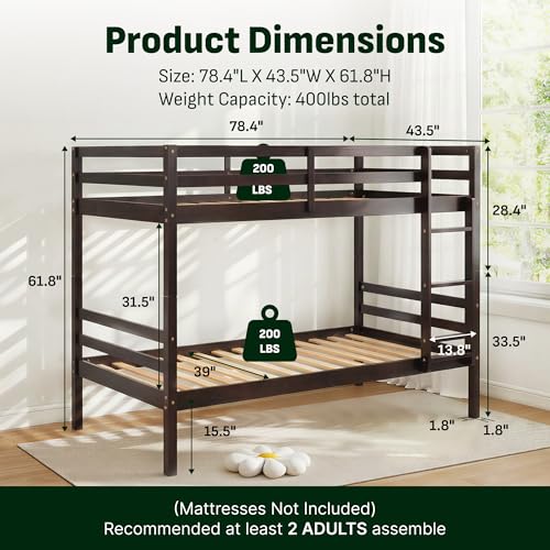 Image of Softa Twin Over Twin Bunk Bed for Kids, Solid Wood Bunk Bed Frame with 13 inch High Guardrails and Ladder, 400 lbs Capacity Total, 11.9 inch Under-Bed Storage, No Box Spring Needed, Black