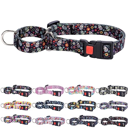 Martingale Collar for Dogs, Skull and Flower Design Dog Collar for Large Medium Small Dogs, Adjustable Heavy Duty Dog Collars for Training, Walking, Hunting (L)