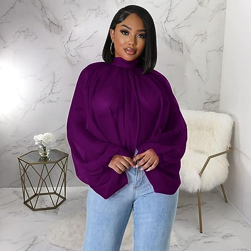 Women's Balloon Sleeve High Slit Summer Loose Chiffon Tops Irregular Blouses Tunics Front Split Cover Ups2