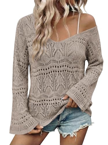 Image of Cakulo Womens Summer Crochet Tops Boho Off Shoulder Sweaters Lightweight V Neck Loose Vacation Resort Wear 2026