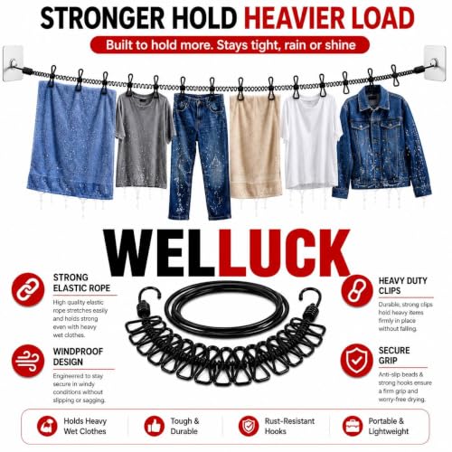 Image of WELLUCK 1 Pc Elastic Clothes Drying Rope with Hooks & 12 Clips | Portable Hanging Clothesline for Travel, Home, Balcony & Outdoor Use | Kapde Sukhane Ki Rassi Wire | Strong Stretchable