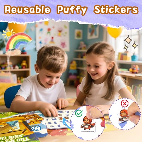 Image of Reusable Sticker Books for Toddlers 1-3, Puffy Stickers Book for Kids Ages 2-4, Toddler Travel Activities Book Toy for Birthday Christmas - Christianity Jesus, Noah's Ark, Fairy Tales(3 Set)