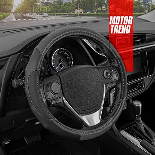 Motor Trend GripDrive Gray Carbon Fiber Steering Wheel Cover, Standard 15 inch Size, Black Faux Leather Comfort Grip, Car Steering Wheel Cover for Auto Truck Van SUV