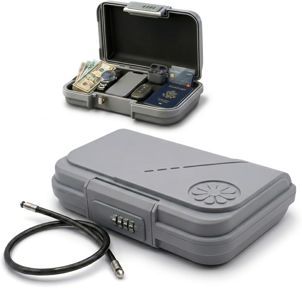 Portable Safe Box, Waterproof Lock Box with Combination Code, Anti-Theft Mini Travel Safe with Removable Steel Cable for Beach, Car, Hotel, Storing Phone, Passport, Money, Jewelry