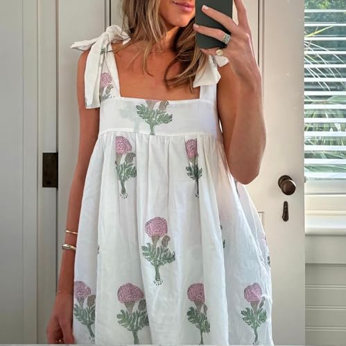 Image of Women Y2K Tie Shoulder Mini Dress Bow Babydoll Ruffle Short Dress Summer Boho Floral Flowy Beach Sundress