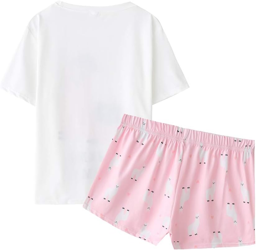 YIJIU Women Short Sleeve Tee and Shorts Pajama Set Cute Alpaca Print Sleepwear - Image 3
