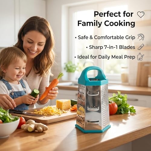 Image of Signamio 7 in 1 Cheese Grater Stainless Steel Vegetable Slicer for Kitchen - Carrot Grater Machine and Multi-Function Slicer Box, Durable Blades for Efficient Food Preparation - Multicolor