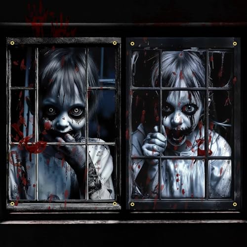 Lot de 2 images de fenêtre effrayantes pour Halloween - Rideau effrayant - 120 x 80 cm - Décoration de porte - Décoration - Pour l'extérieur et l'intérieur - Pour fête d'Halloween