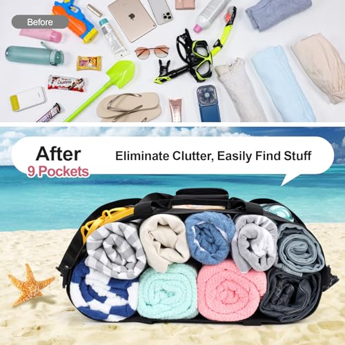 Image of Beach Bag, F-color Mesh Beach Bag Oversized Beach Tote 8 Pockets Beach Toy Bag Lightweight Beach Tote Bag for Women Picnic Travel