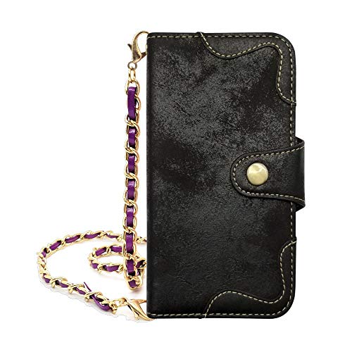 sslink iPhone17 Air アイフォン17エア 対応 手帳型 スマホ ケース (ブラック) アンティーク調 ヴィンテージ ビンテージ ロング チェーン ストラップ 付き (チェーン/パープル) PUレザー 合皮 ダイアリータイプ 横開き カード