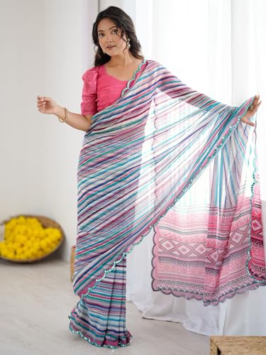 Image of Satrani Women's Georgette Printed & Mirror Work Saree with Unstitched Blouse Piece