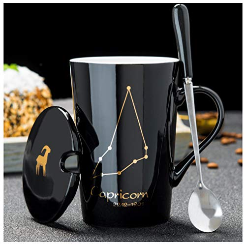 マグカップ ふた付きのコップ 湯飲み 茶器 3点セット おしゃれ 12星座 保温 家庭 仕事 オフィス用 お茶 コーヒー ティー 贈り物 食洗機 電子レンジ対応 420ml 山羊座 ブラック
