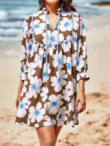 Image of Cicy Bell Womens Floral Mini Dresses 3 /4 Balloon Sleeve V Neck Flowy Babydoll Dress Summer Beach Vacation Boho Outfits