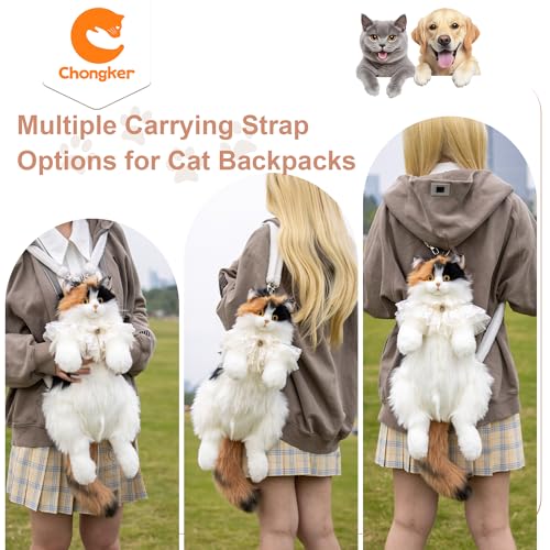 Image of Chongker Cat Shaped Backpack - Handcrafted Stuffed Animals Plush Bag with Adjustable Shoulder, Crossbody, and Handbag Straps (Dark Calico Backpack)