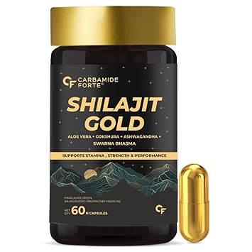 Carbamide Forte Shilajit Gold Capsules For Men With Pure Shilajit Swarna Bhasma,Gokshura,Ashwagandha | Himalayan Shilajiit For Men | Shilajeet Gold Original | Shilajeet Capsule | 60 Veg Capsules - image, photos