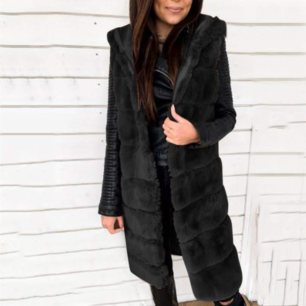 Gilet en fourrure synthétique pour femme - Élégant - Sans manches - Sans manches - Veste d'hiver chaude - Avec capuche