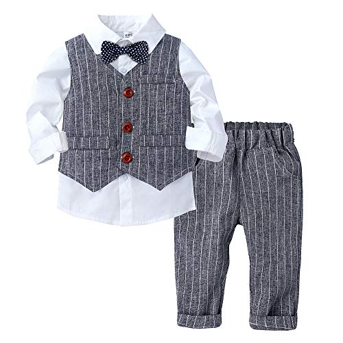 Baby Boys 3Pcs Gentleman Suit Boys Formal Outfits Set Bowtie Long Sleeve Shirt + Tuxedo Vest + Pants Grey