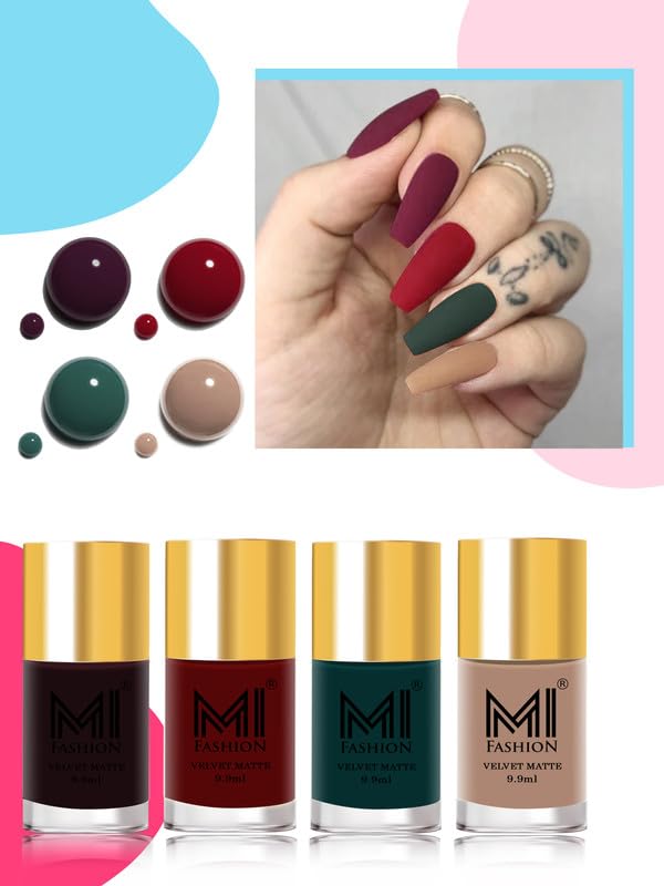 MI Fashion Matte 4 Nail Polish Set Perfect Shades For Every Nail Look Wine, Red, Dark Green, Skin Nude #Np188 9.9ml each-image-43