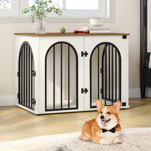 Hzuaneri Hundekäfig Möbel, 80cm Hundebox für Zuhause, 3 Türen, Bogentür, Moderne Hundebox Indoor für Hunde, Beistelltisch, Hundekäfig Hochbelastbar, 80 x 56 x 61 cm, Weiß Braun DFC85114B