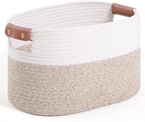 Woven Cotton Rope Storage Basket,Decorative Woven Basket,Decorative Baskets with Detachable Leather Handles for Closet Storage,Woven Baskets For Toy,Blanket, Book Storage(1 pack,White)