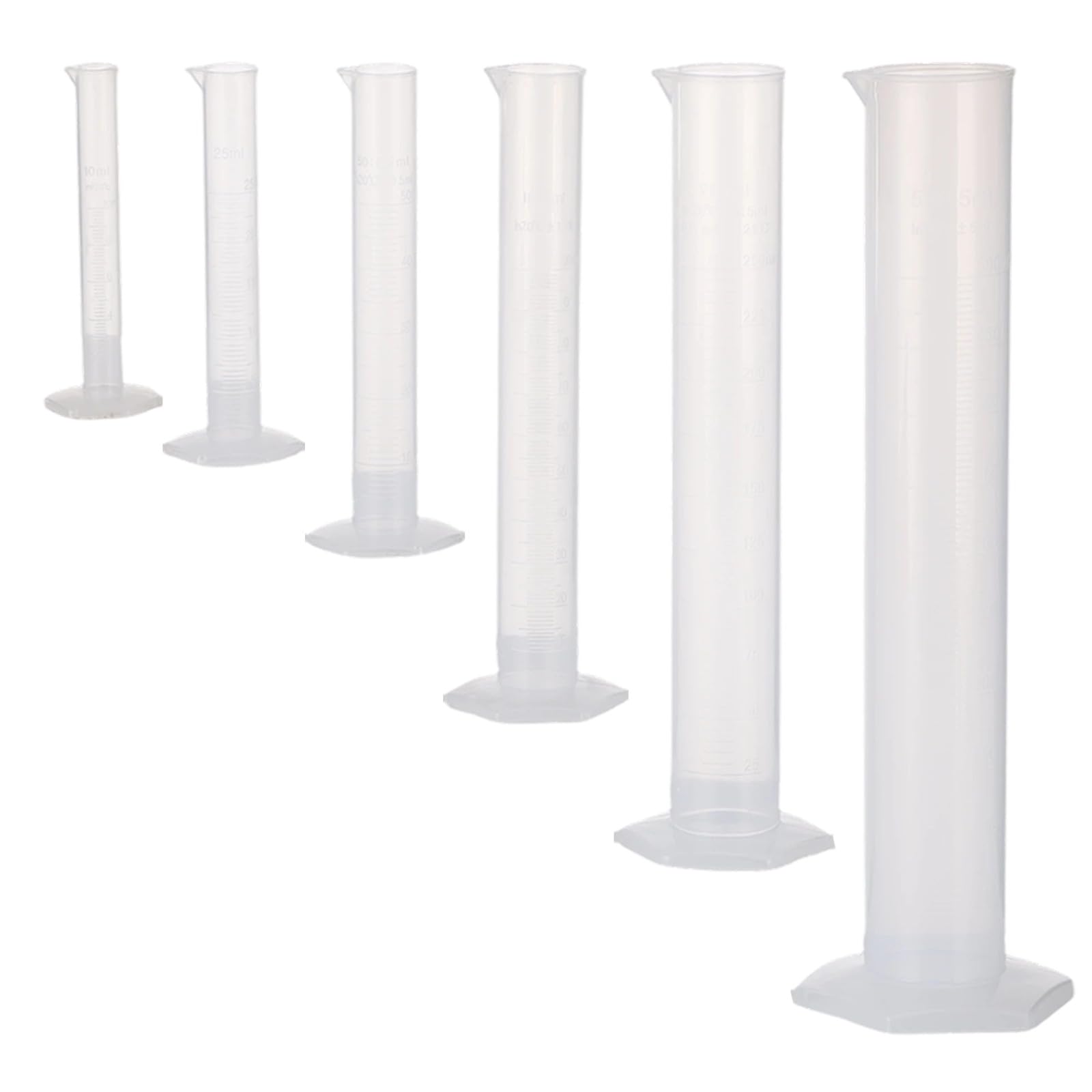 6er Messzylinder-Set aus Kunststoff, 10 bis 500 ml, PP-Laborzylinder mit klarer Skala, sechseckigem Standfuß und konischem Ausguss, 6 Größen für präzises Messen in Labor, Schule und Wissenschaft